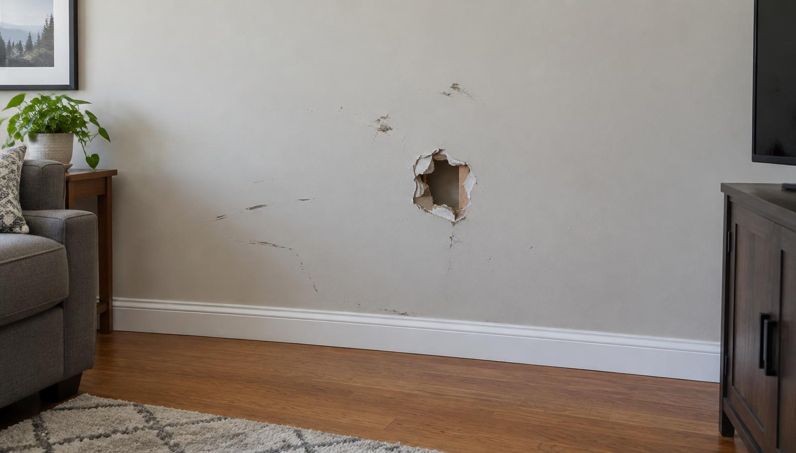 Illustrative example: damaged drywall with a hole and scuffs